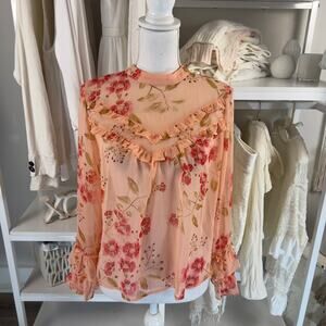Arizona Jean Company sz. medium floral peachy pink sheer high collar top #2869